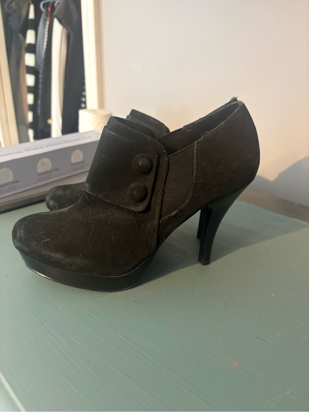 Black Suede High-Heel Booties with Button Accent